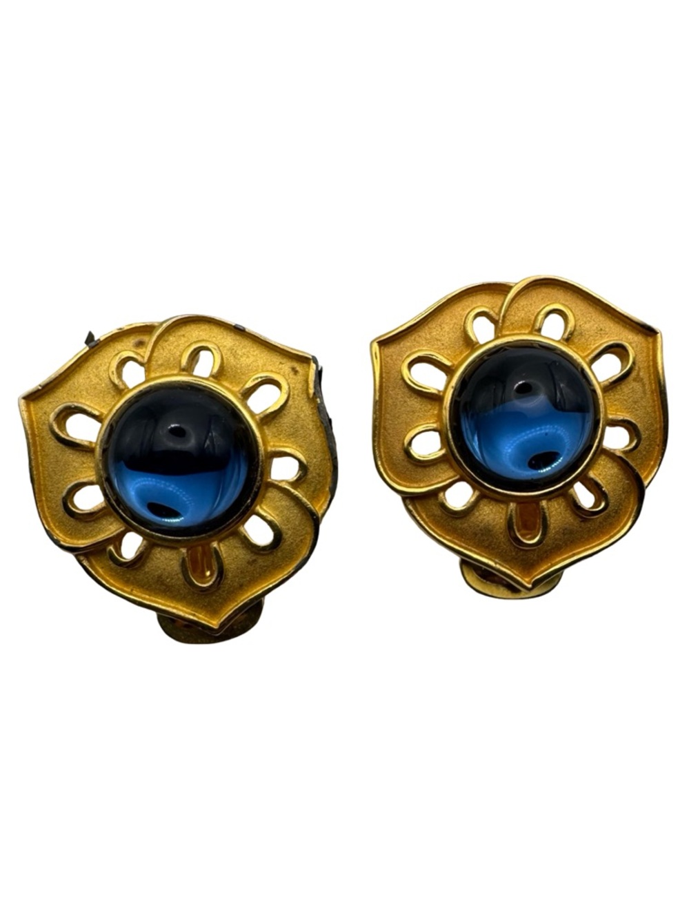 Vintage Alfred Sung‎ Clip On Earrings Gold Tone Blue Cabochon Flower Statement
